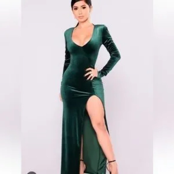 Fashion Nova - green velvet long sleeve slit dress with shoulder pads. Wore once - Picture 2 of 4